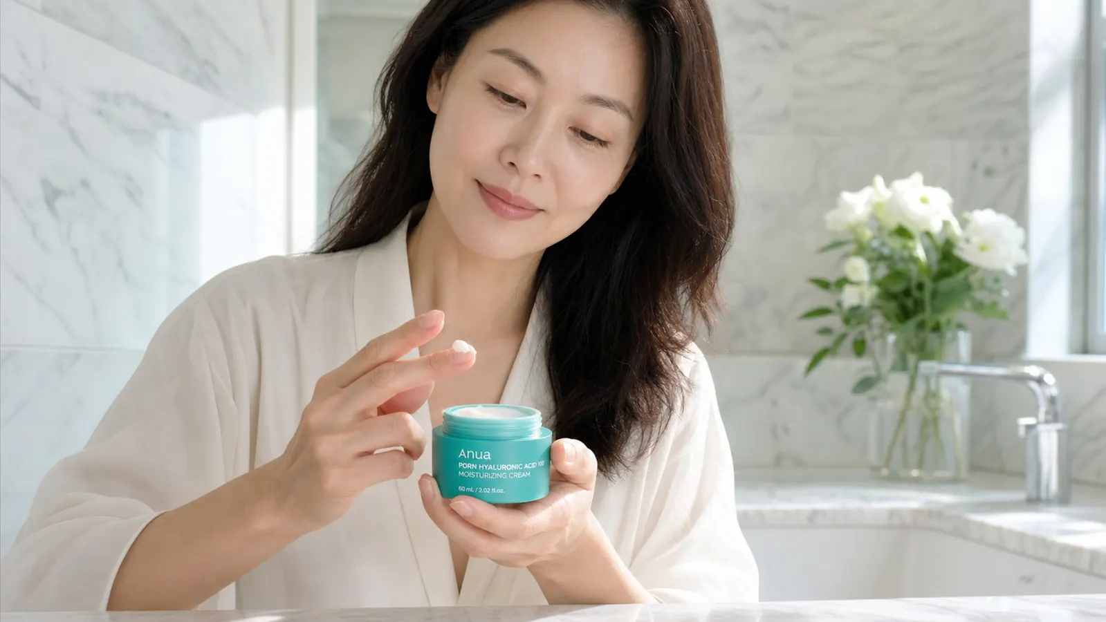 Close-up of a hand holding the Anua PDRN Hyaluronic Acid 100 Moisturizing Cream jar with a small pearl of cream on the fingertip
