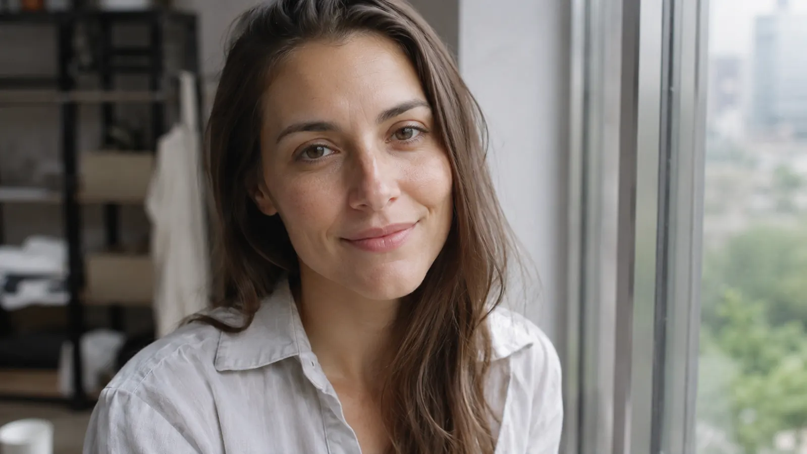 Woman with visibly calm, hydrated skin smiling at the camera in natural daylight, outdoors or near a window