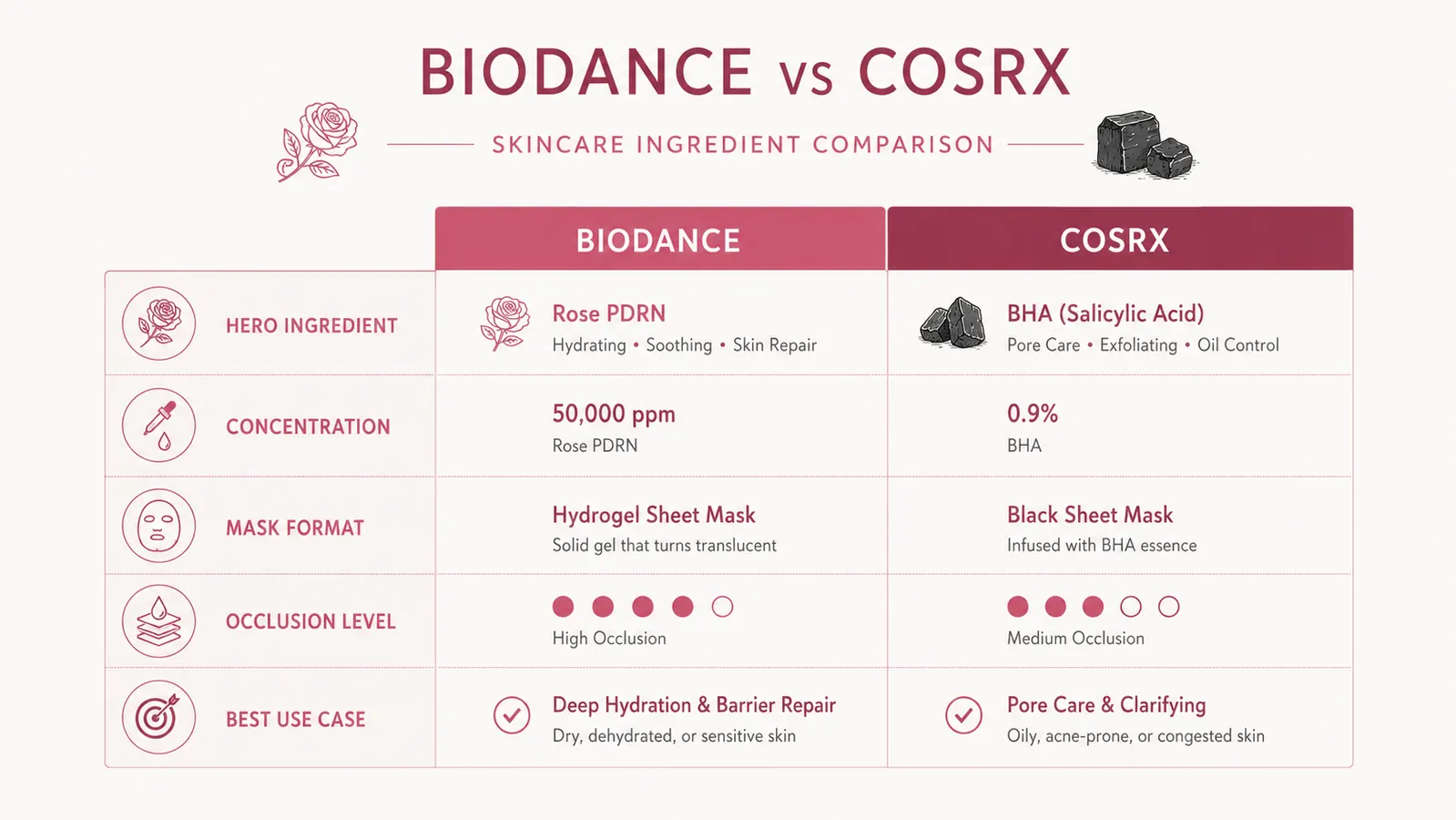 Side-by-side ingredient comparison chart showing PDRN plus caviar extract versus snail mucin 92 percent, with absorption depth callouts
