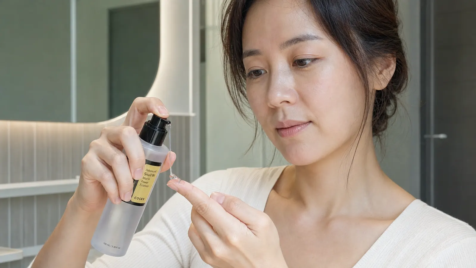 Hand holding the COSRX snail mucin 96% serum bottle and dispensing a few drops onto fingertips