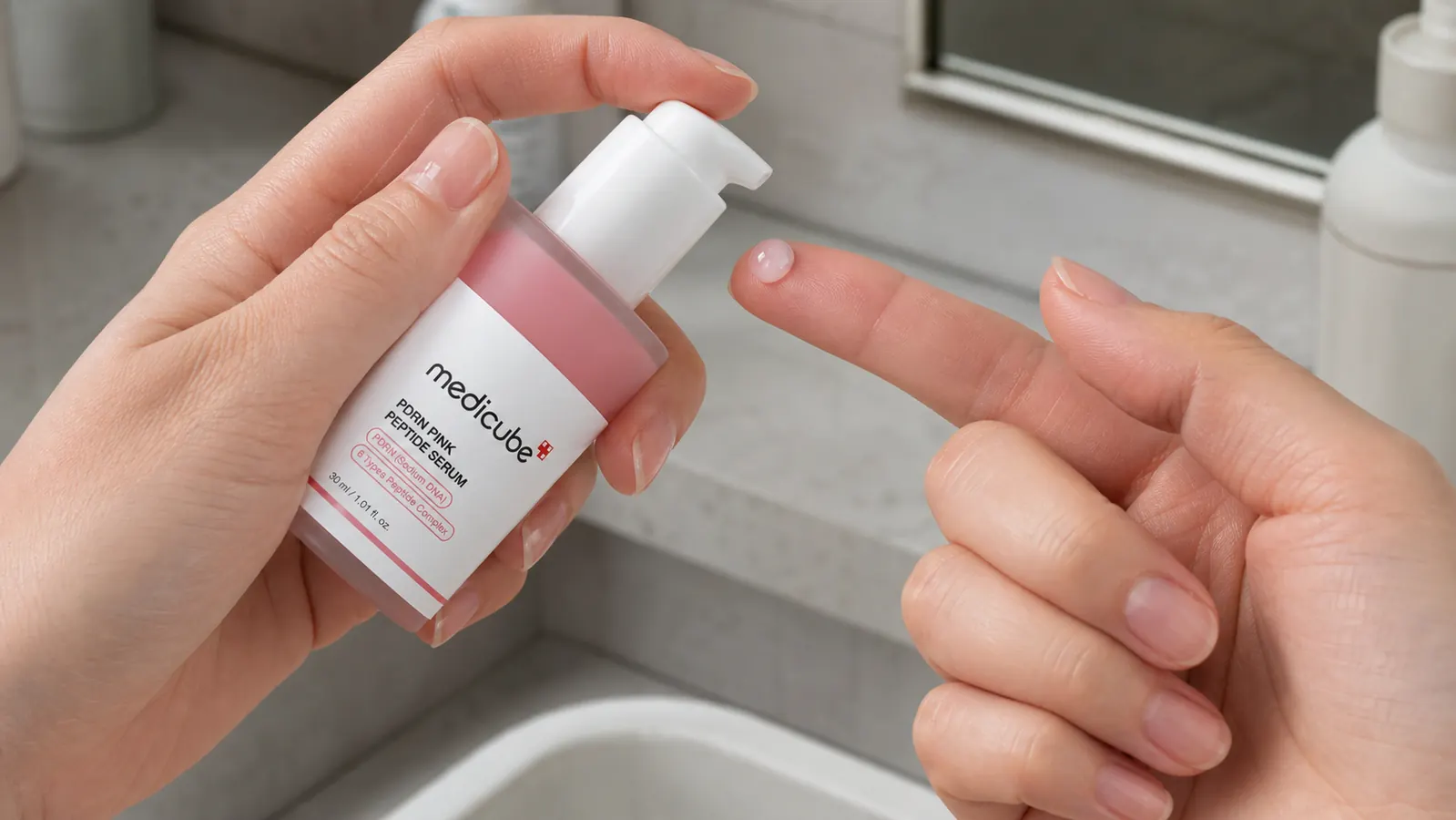 Hand dispensing a single drop of the medicube PDRN serum onto a fingertip, showing the clear pink gel texture